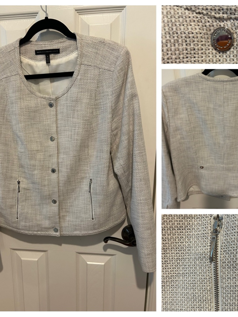 White House Black Market Light Beige Textured Zipper/Snap Front Blazer
